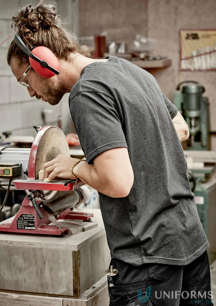 Red and black disc sander graphic on Streetworx Tee Shirt made of breathable cotton slim fit fabric