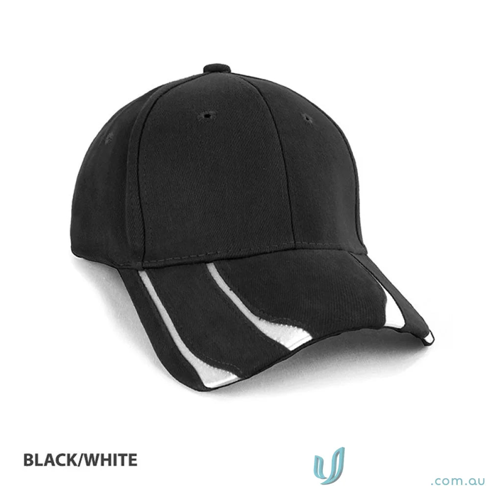 Black baseball cap with white accents perfect with your Black Leather Jacket or Navy Cotton T-Shirt
