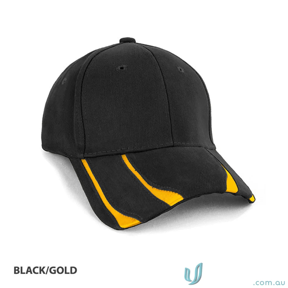 Black and gold baseball cap from Striker Cap, perfect with a navy cotton t-shirt