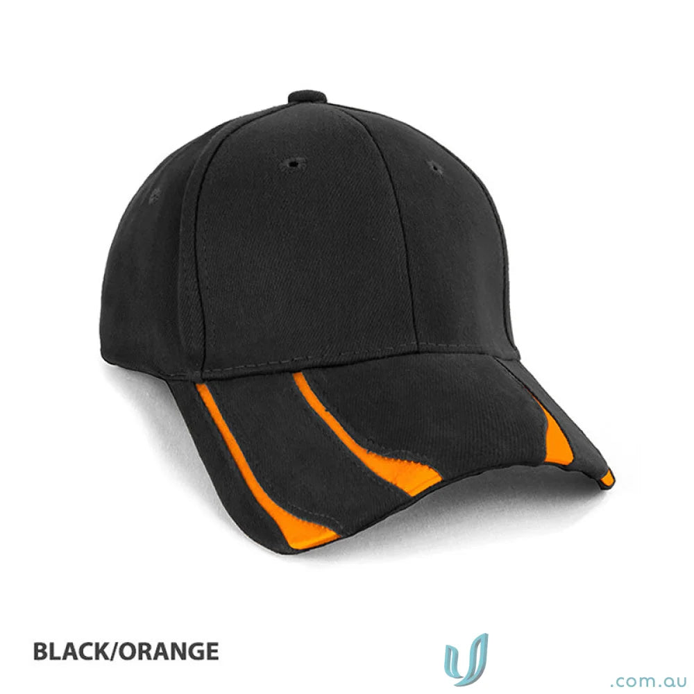 Black and orange baseball cap from Striker Cap, perfect with a Navy Cotton T-Shirt