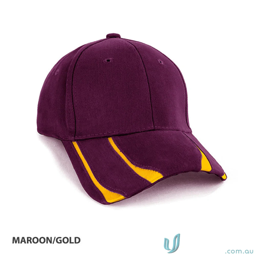 Maroon and gold Striker Cap perfect with a Navy Cotton T-Shirt and black leather jacket