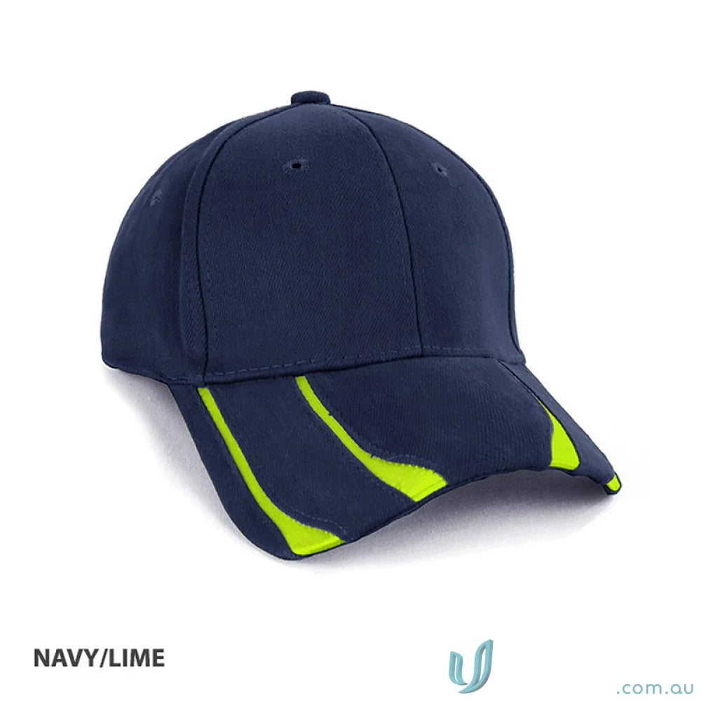 Navy and lime Baseball Cap paired with a Navy Cotton T-Shirt for casual style