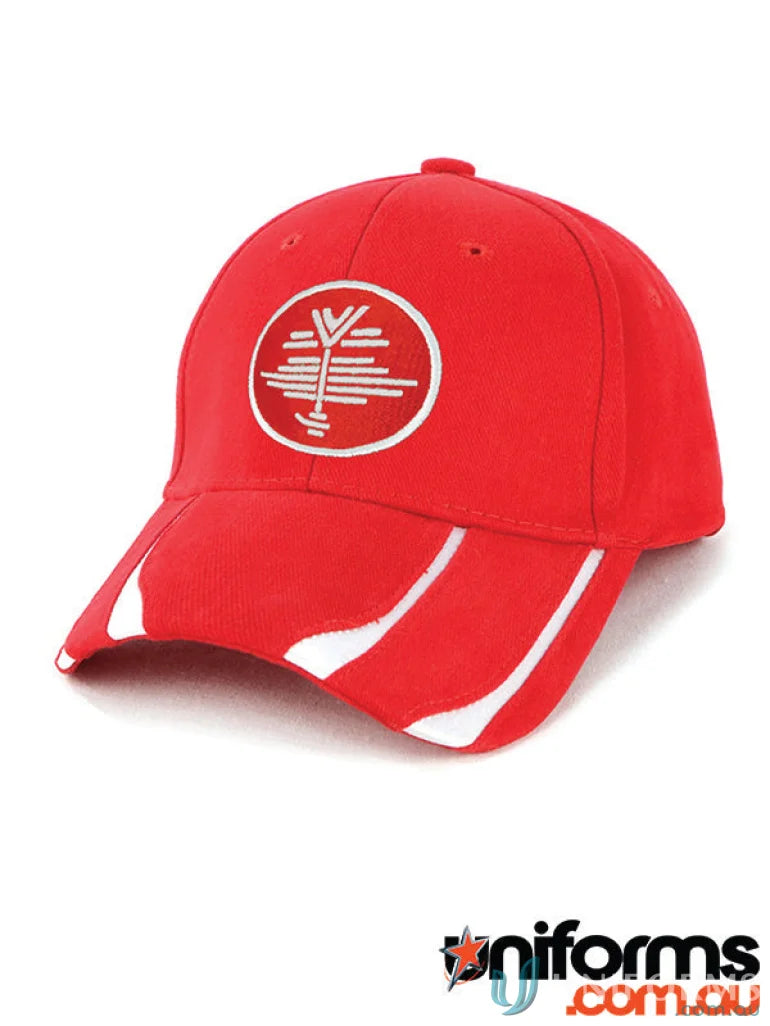 Red baseball cap with white accents from Striker Cap, perfect with a Navy Cotton T-shirt