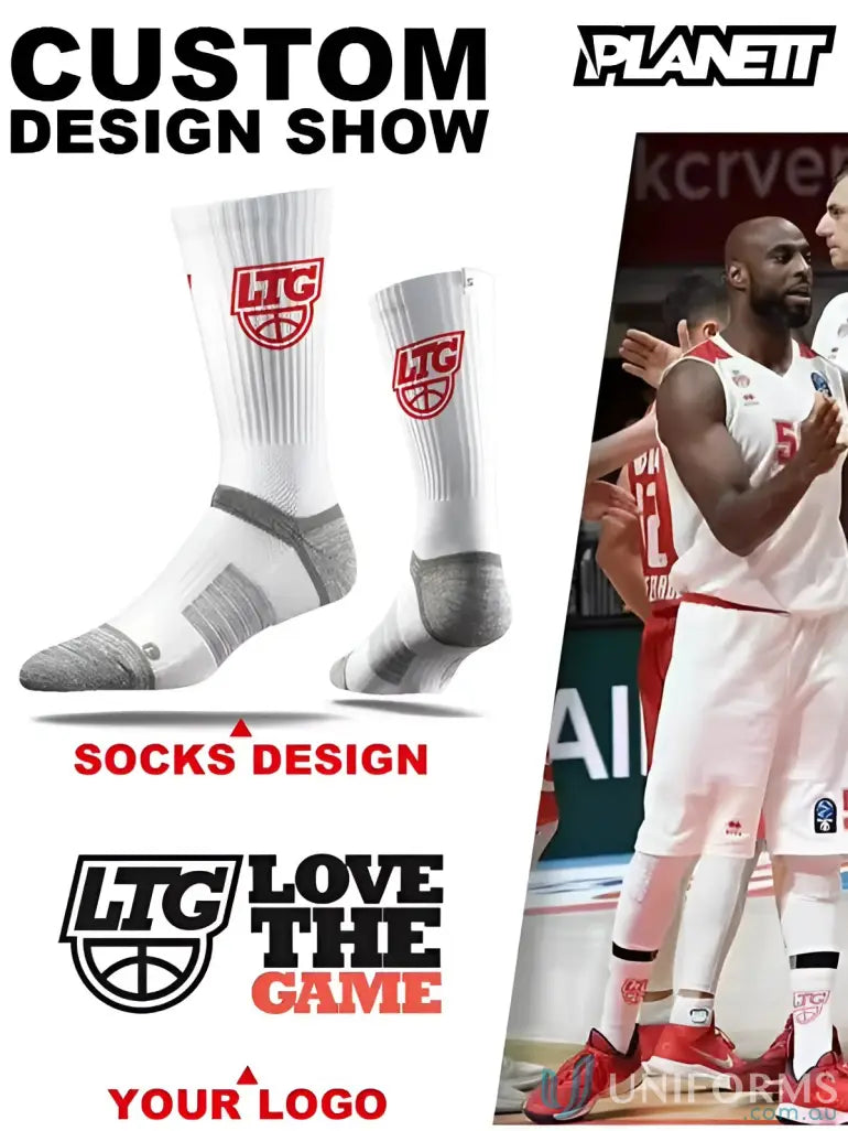 Basketball socks advertisement for Sublimated Sports Socks featuring custom sports socks