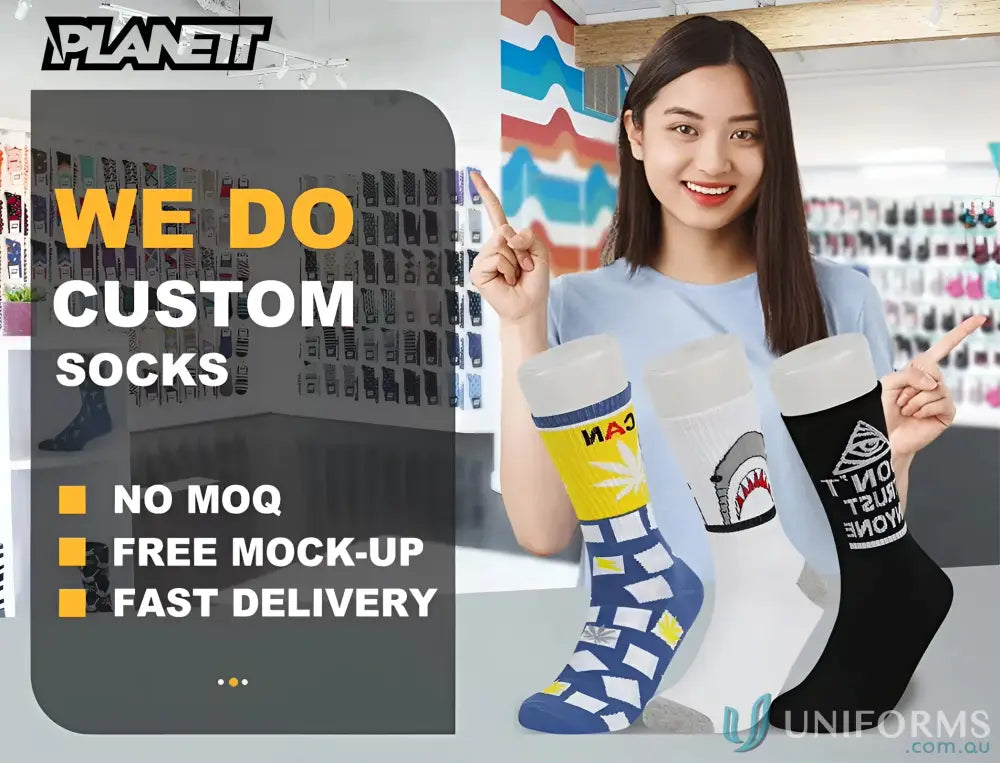 Custom sports socks ad for Sublimated Sports Socks showing stylish custom sports socks
