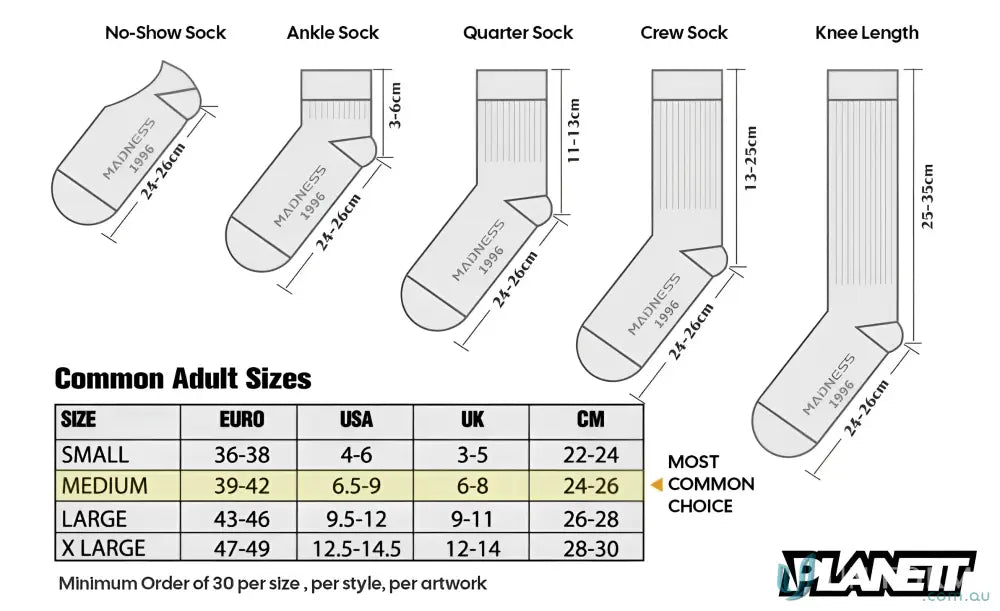 Sock size chart for sublimated sports socks and custom sports socks fits all sizes