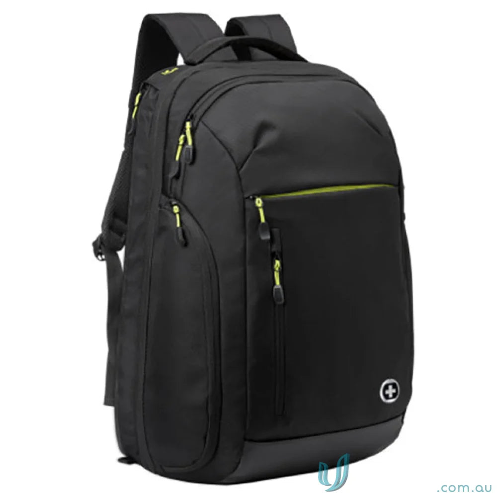 Swissdigital Java Backpack black with lime green accents, padded pocket for uniforms