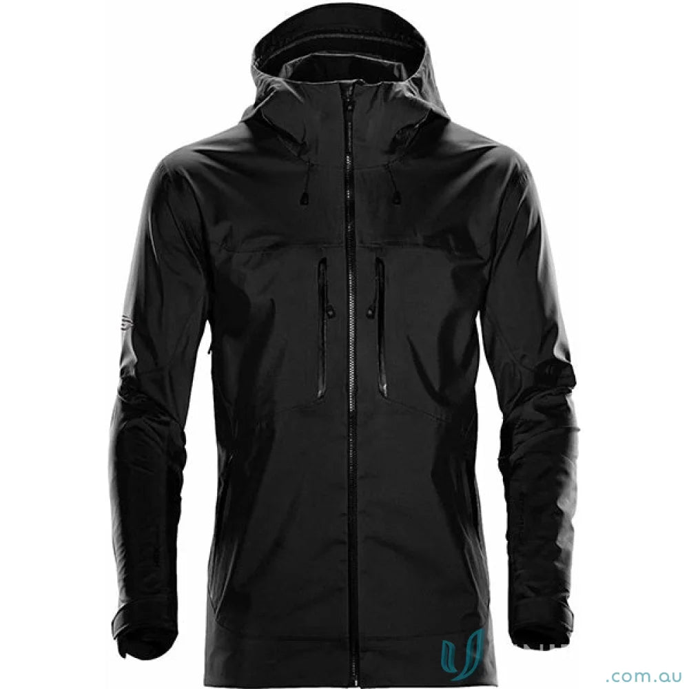 Black Synthesis Stormshell waterproof jacket with coverage hood and chest pockets