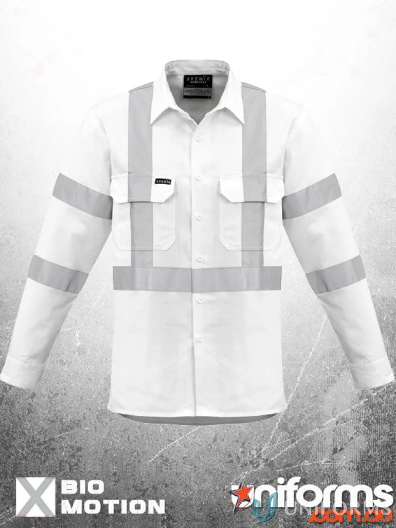 White long-sleeved safety shirt from Syzic BIO Motion X Back L/S Shirt made with cotton drill tape