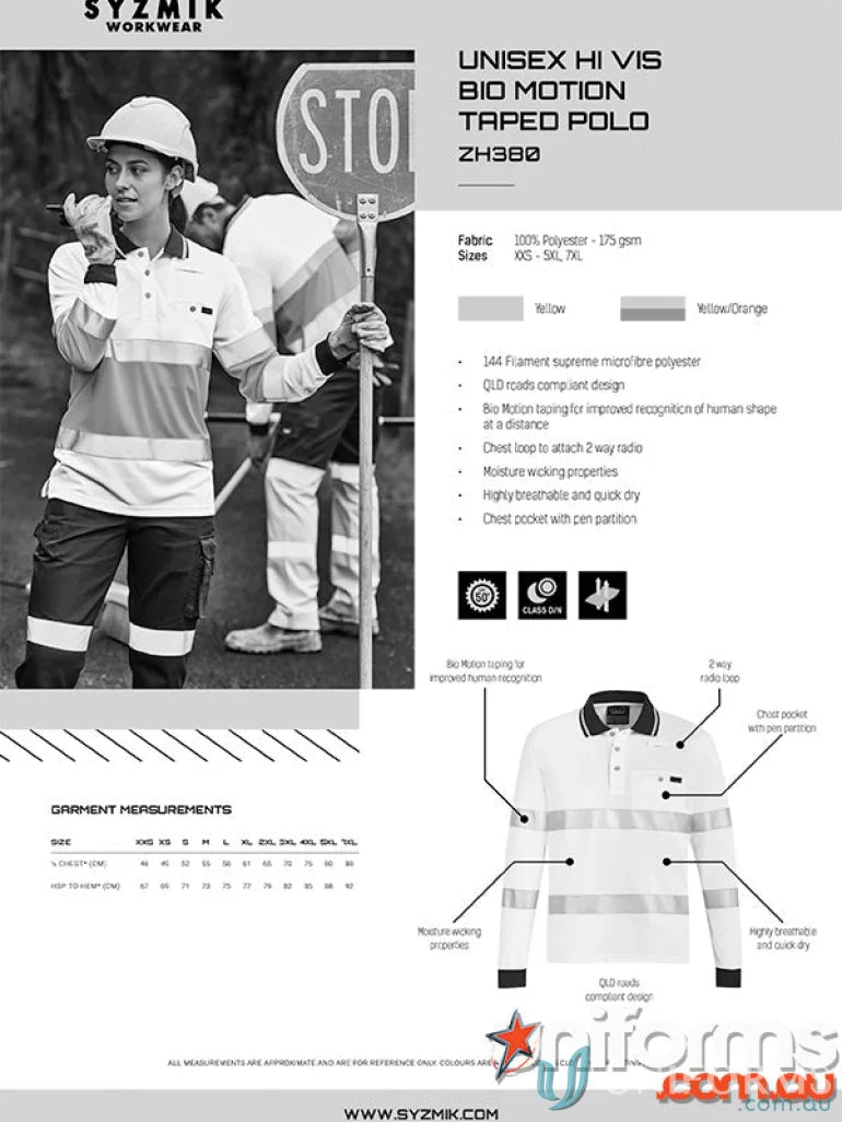 Syzmic Unisex Hi-Vis BIO Motion Taped LS Polo Shirt with Taped Polo ZH380