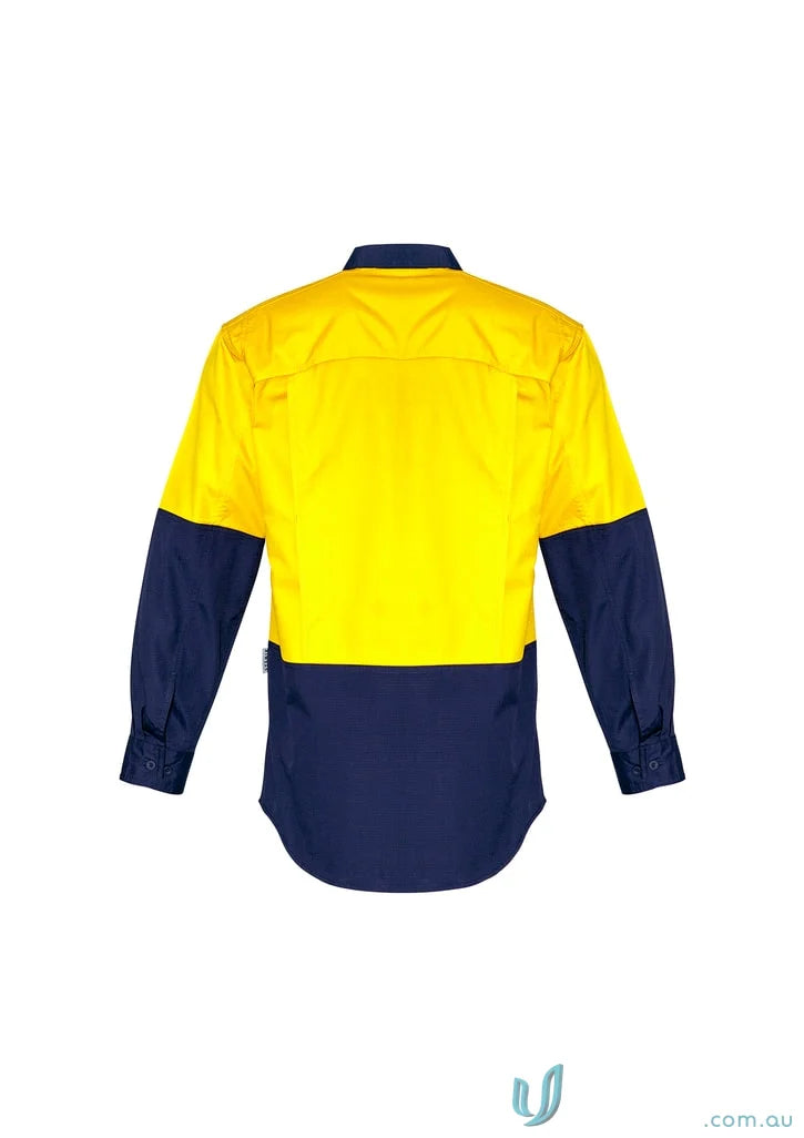 Yellow and navy blue work shirt from Syzmik Mens Rugged Cooling Vis Shirt ZW128, durable stress point design