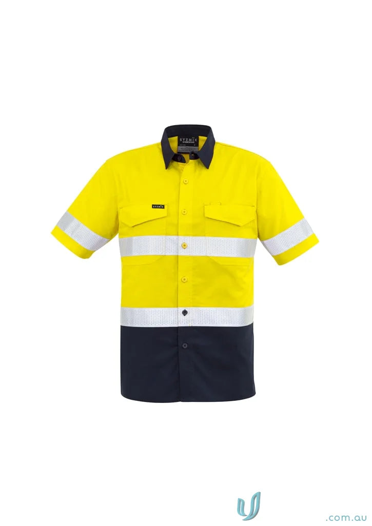 Yellow and navy blue high-vis work shirt from Syzmik Men’s Rugged Vis Taped Short Sleeve Shirt ZW835
