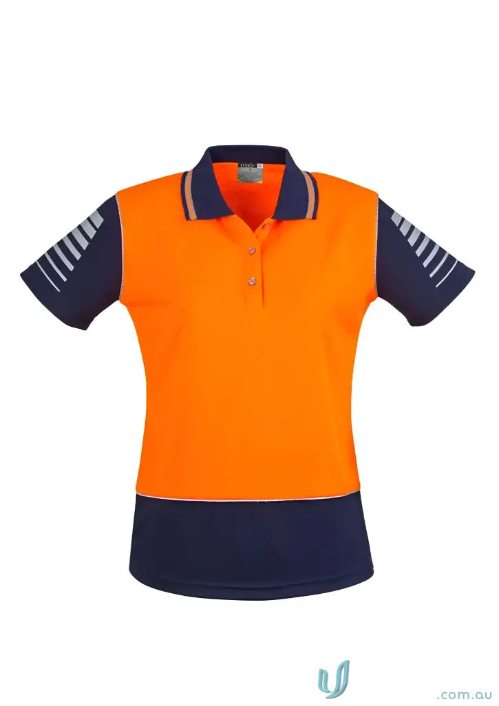 Orange and navy blue Syzmik Womens safety polo with 3M reflective piping and filament supreme microfibre