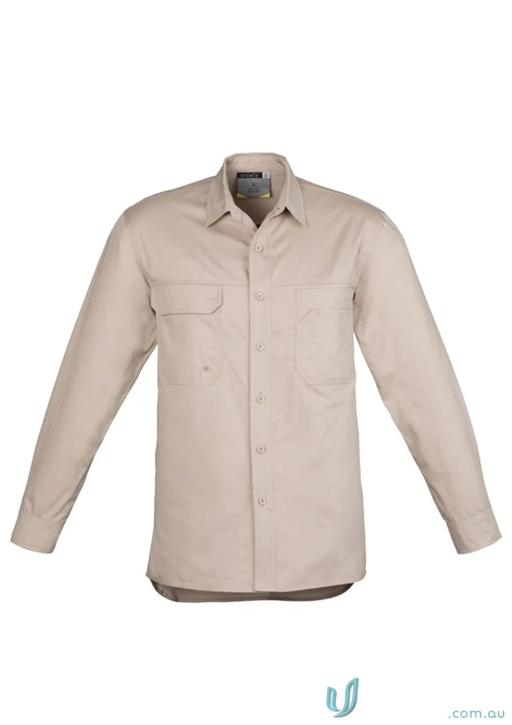 Beige Syymik mens lightweight tradie long sleeve cotton twill shirt