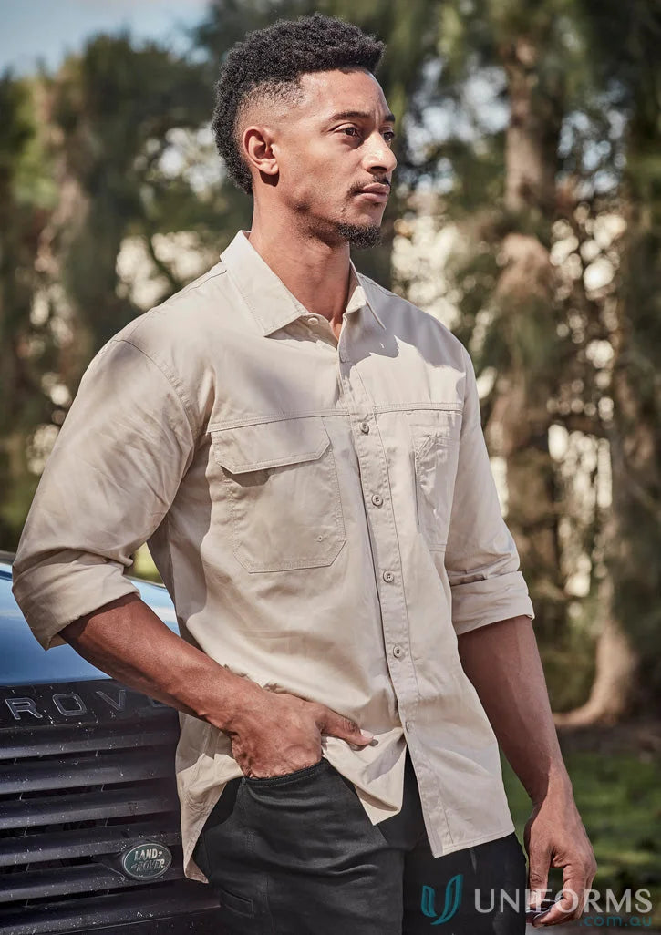 Man in Syymik mens lightweight tradie long sleeve cotton twill shirt in tan