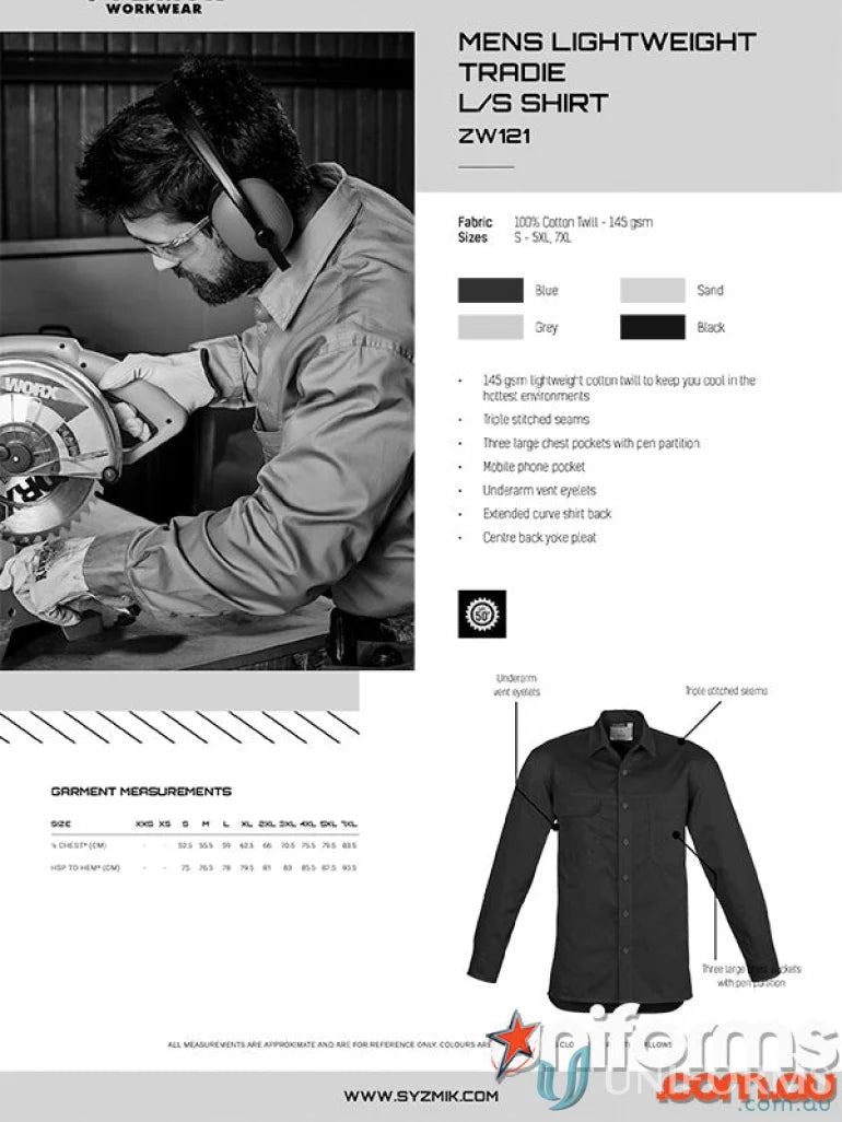 Black men’s lightweight tradie long sleeve shirt model zw121 from 1komma5 perfect for workwear uniforms