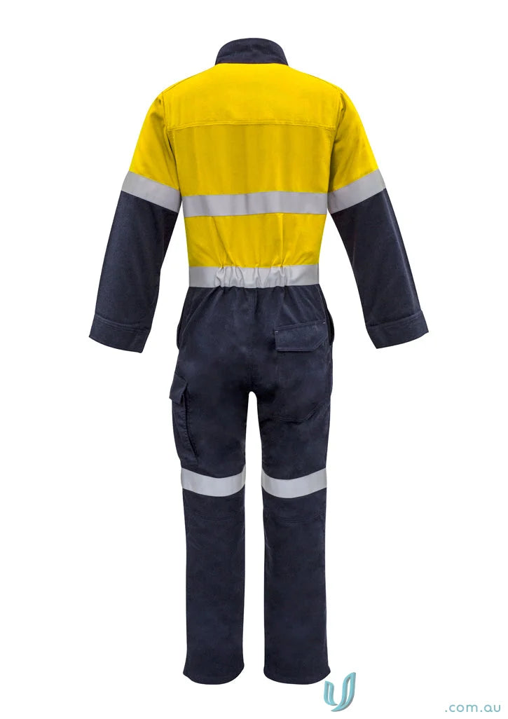 Yellow and navy blue reflective work jumpsuit from Syzmics Mens Orange Hoop Taped ZC525 for all-day comfort