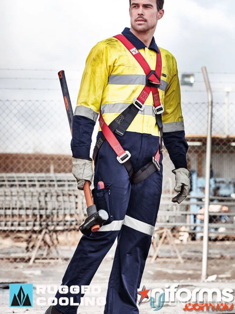 Man in safety harness wearing Syzmic Mens Rugged Hivis Cooling Taped Overalls, stays cool