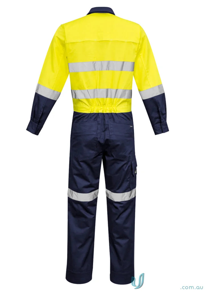 Two-tone reflective safety coverall from Syzmic Mens Rugged Hivis Cooling Overalls, stay cool