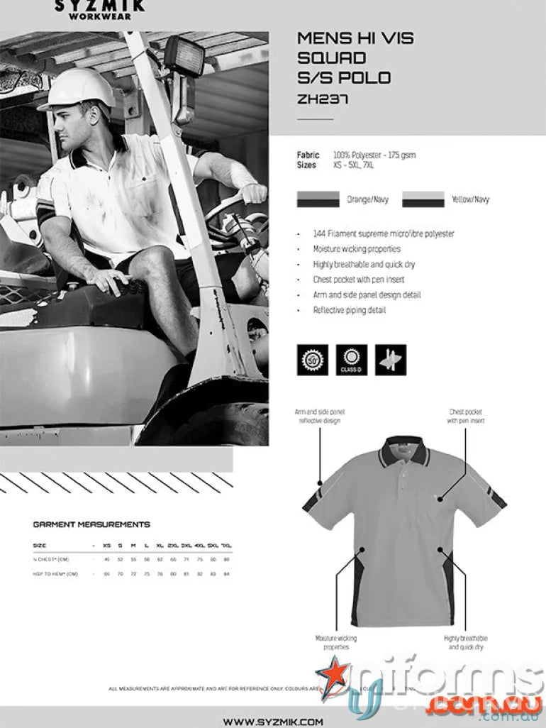 Mens hi-vis polo shirt Syzmic Squad Safety SS Polo with sleeve polo Zh237 ensures visibility