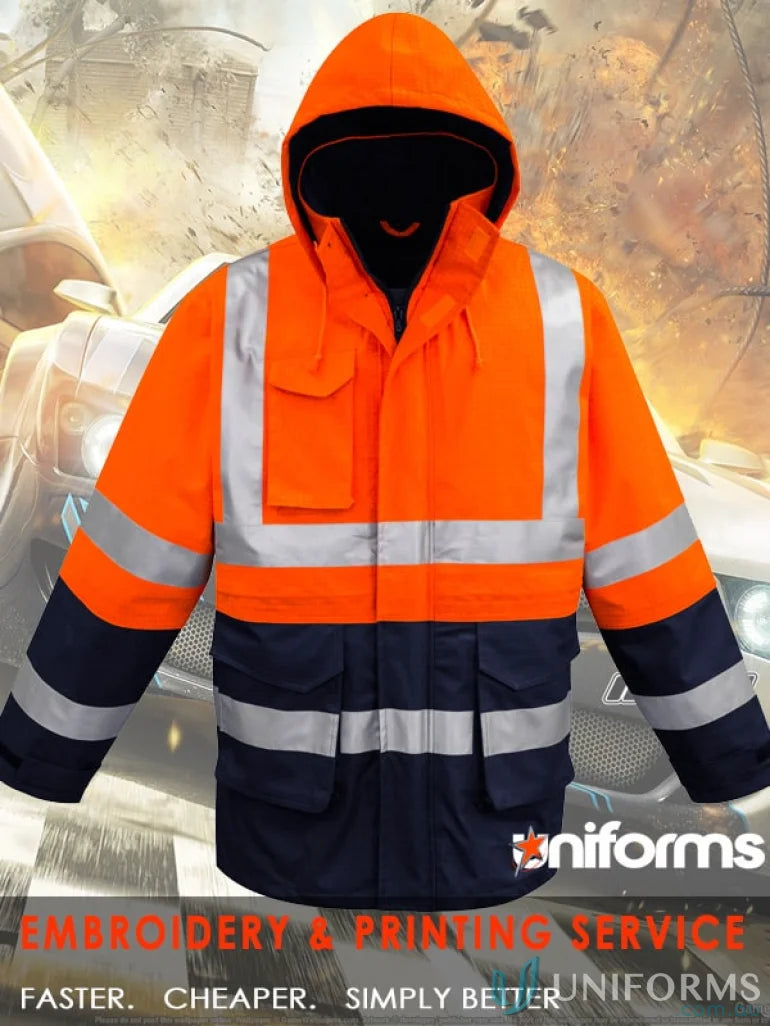 Orange and navy Syzmik Fire Armour waterproof jacket, mens orange flame arc rated antistatic style