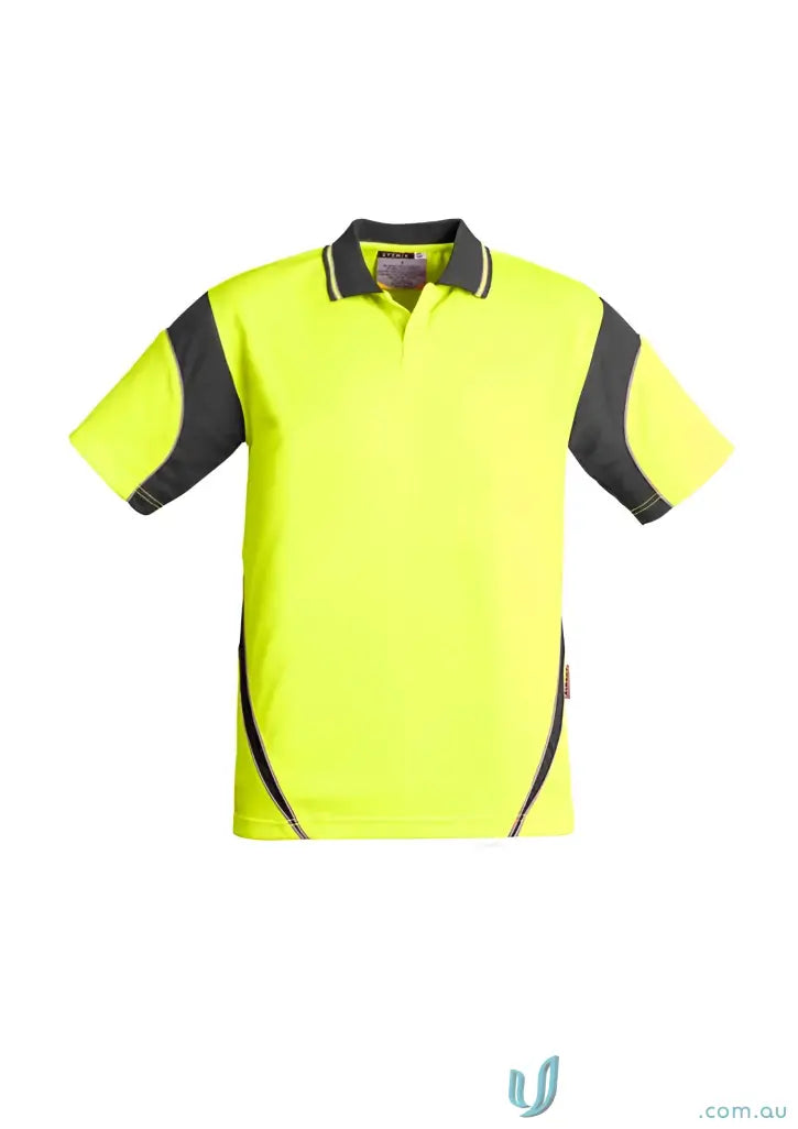 Neon yellow and gray Syzmik Men’s Vis Aztec Short Sleeve Polo Shirt