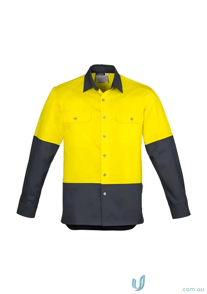 Yellow and gray industrial long sleeve work shirt Syzmik HiVis LS Shirt zw122 for demanding work environments