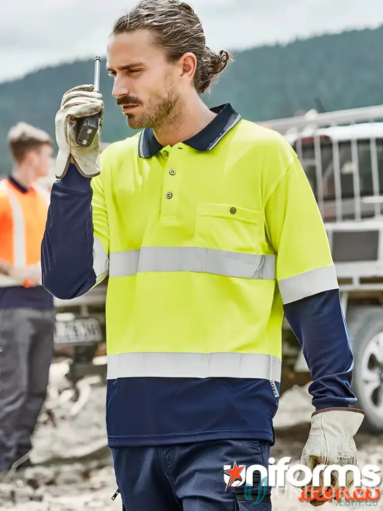 High visibility vis spliced long sleeve hoop taped work shirt by Syzmik Mens