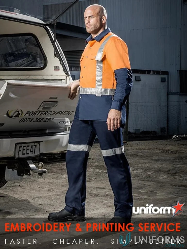 Man in workwear wearing Syzmik Mens Industrial Long Sleeve Shirt with shoulder taped zw124 and reflective tape