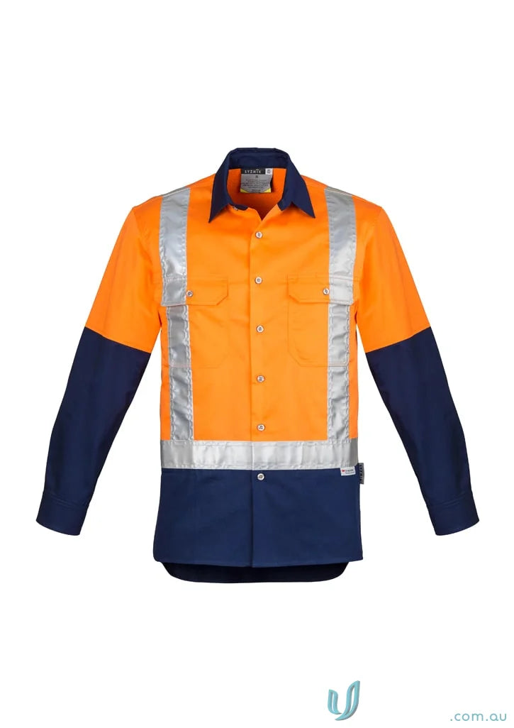 Orange and navy blue syzmik mens industrial shoulder taped zw124 work shirt with reflective tape