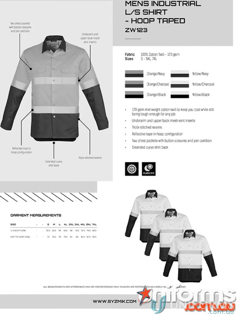 Syzmik mens industrial long-sleeve shirt with hoop taped zw123 for demanding work environments