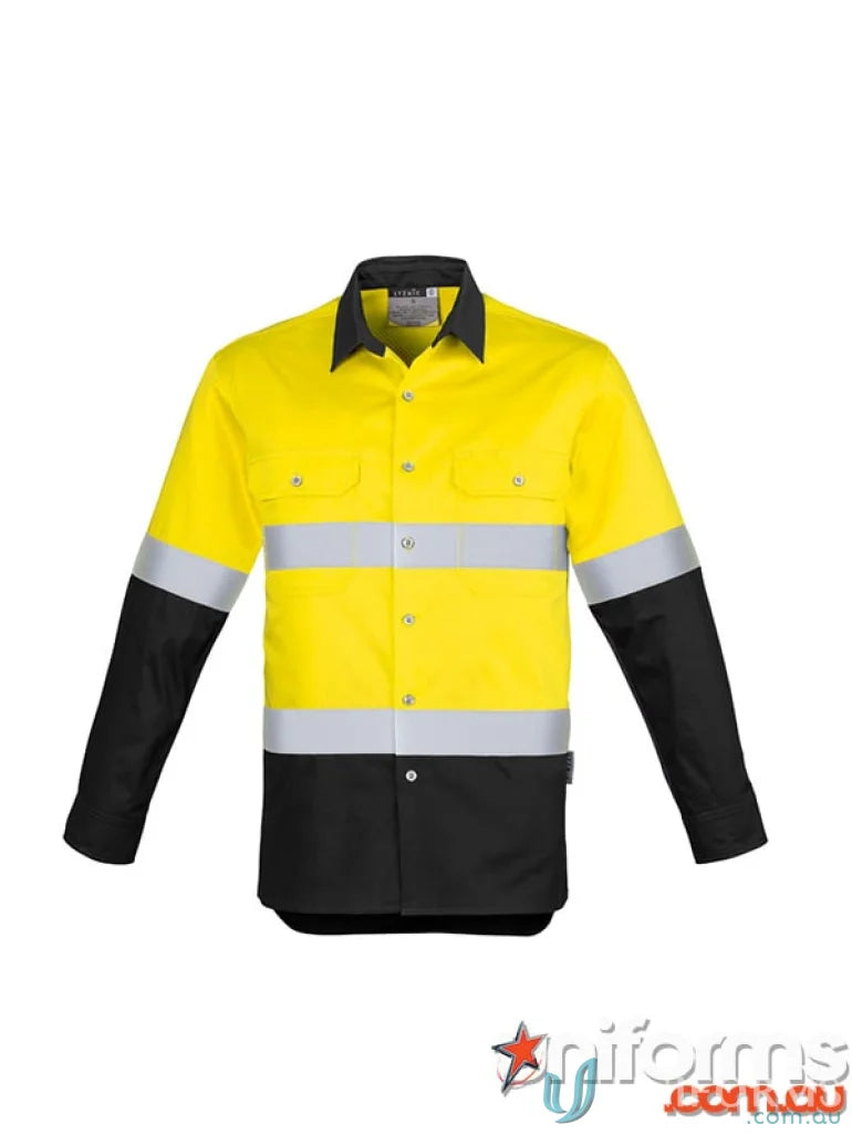Yellow and black syzmik mens industrial long sleeve shirt with hoop taped zw123 for demanding work environments