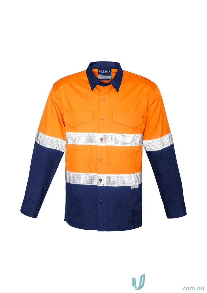 Orange and navy blue long-sleeved work shirt from Syzmik Rugged Cooling VIs Taped Long collection