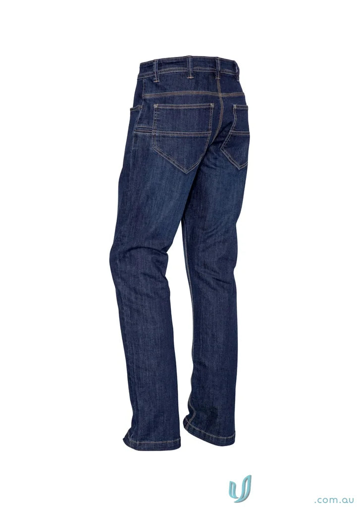 Dark blue Syzmik men’s stretch denim work jeans for tough jobs and all-day comfort