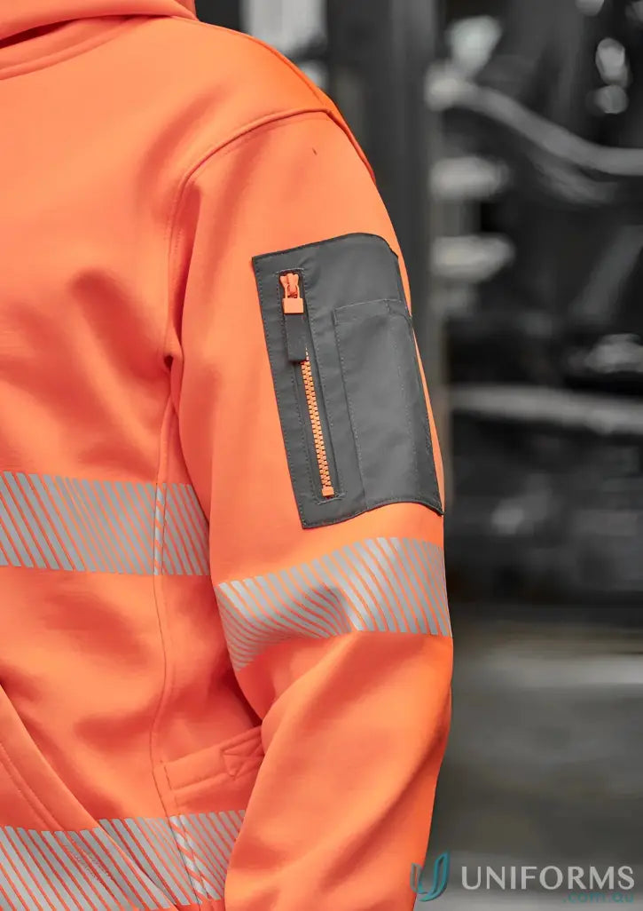 Orange hi-vis jacket with reflective tape and zip pocket from Syzmik Streetworx Hoodie.