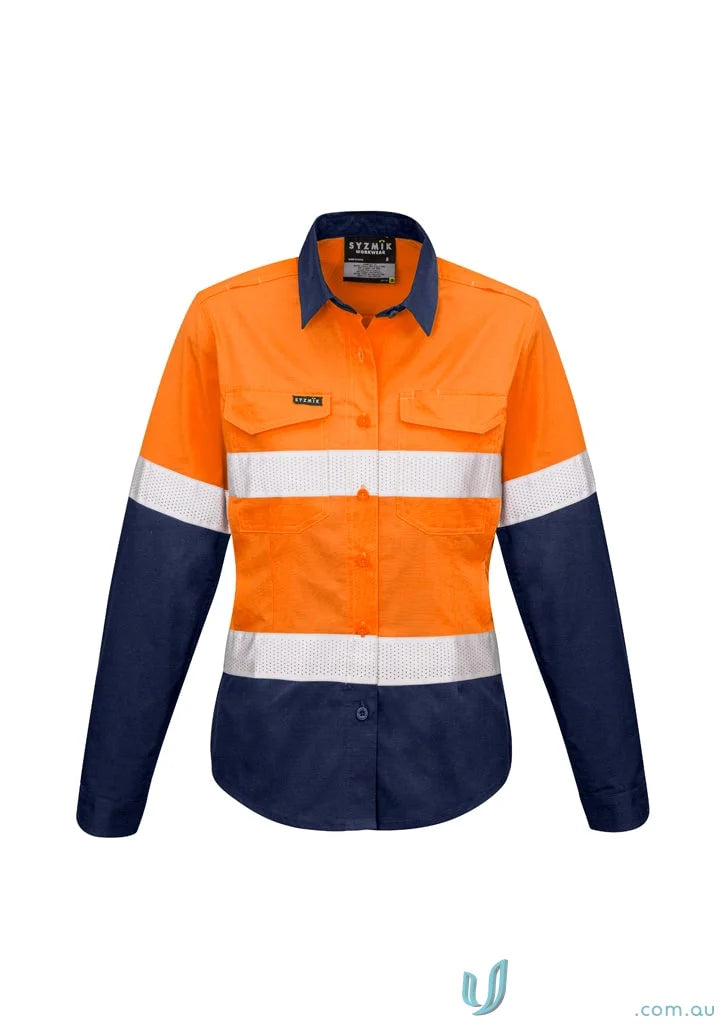 Syzmik womens rugged work shirt zw720 with orange navy blue color and reflective tape