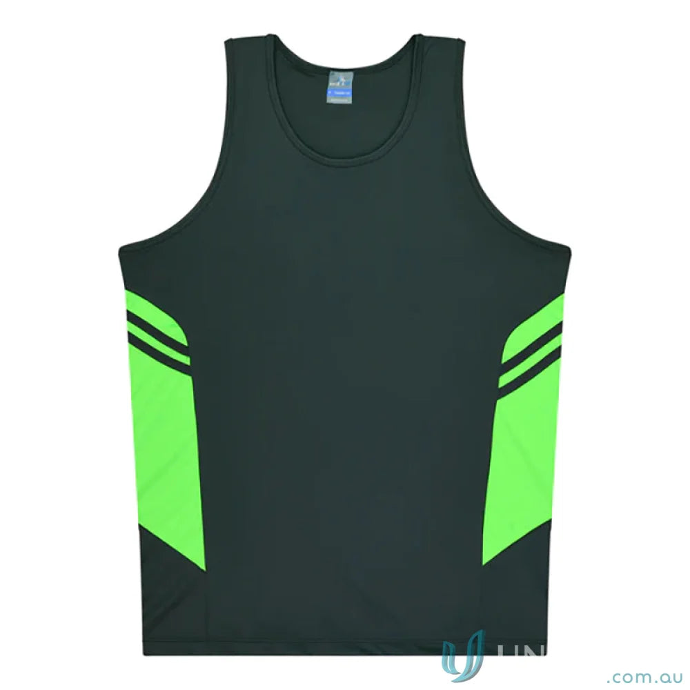 Tasman Ladies Singlet athletic tank top with black and green fabric and a comfortable neck