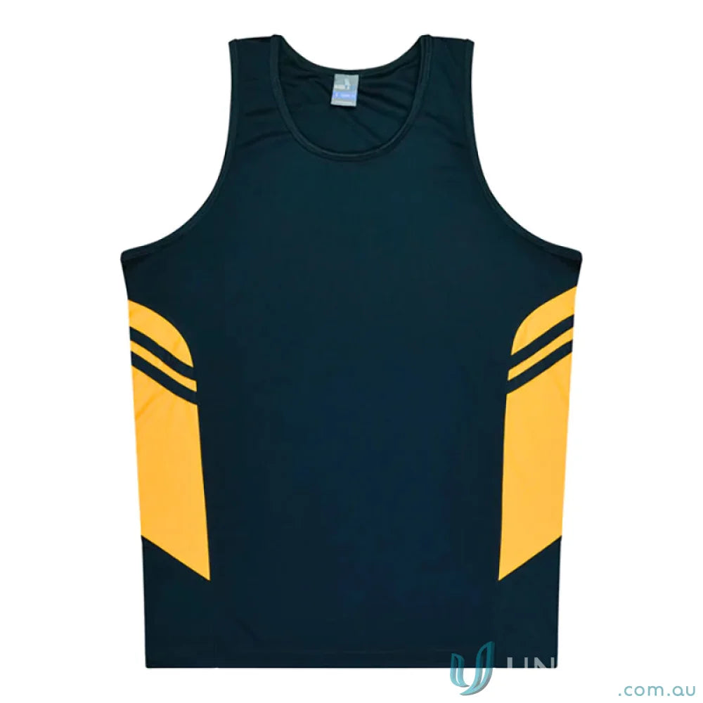 Tasman Ladies Singlet sleeveless athletic shirt with gold side panels, comfy fabric, perfect for uniforms