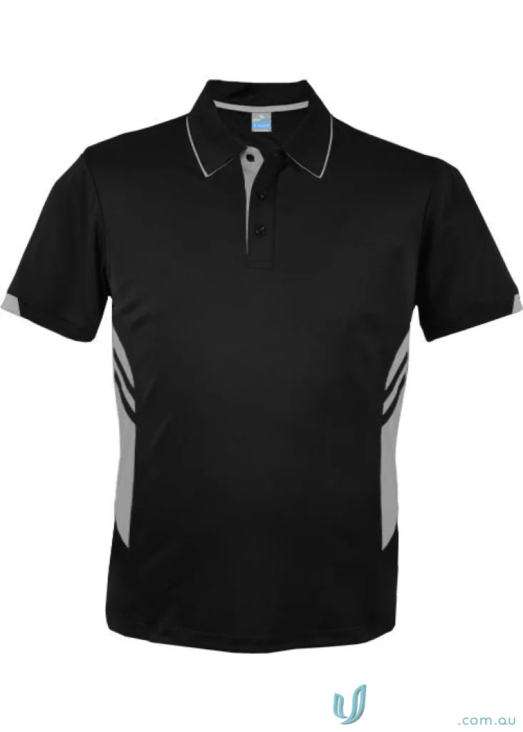 Thames dark polo black short-sleeved shirt with gray trim and stripes perfect for stylish work uniforms and workwear