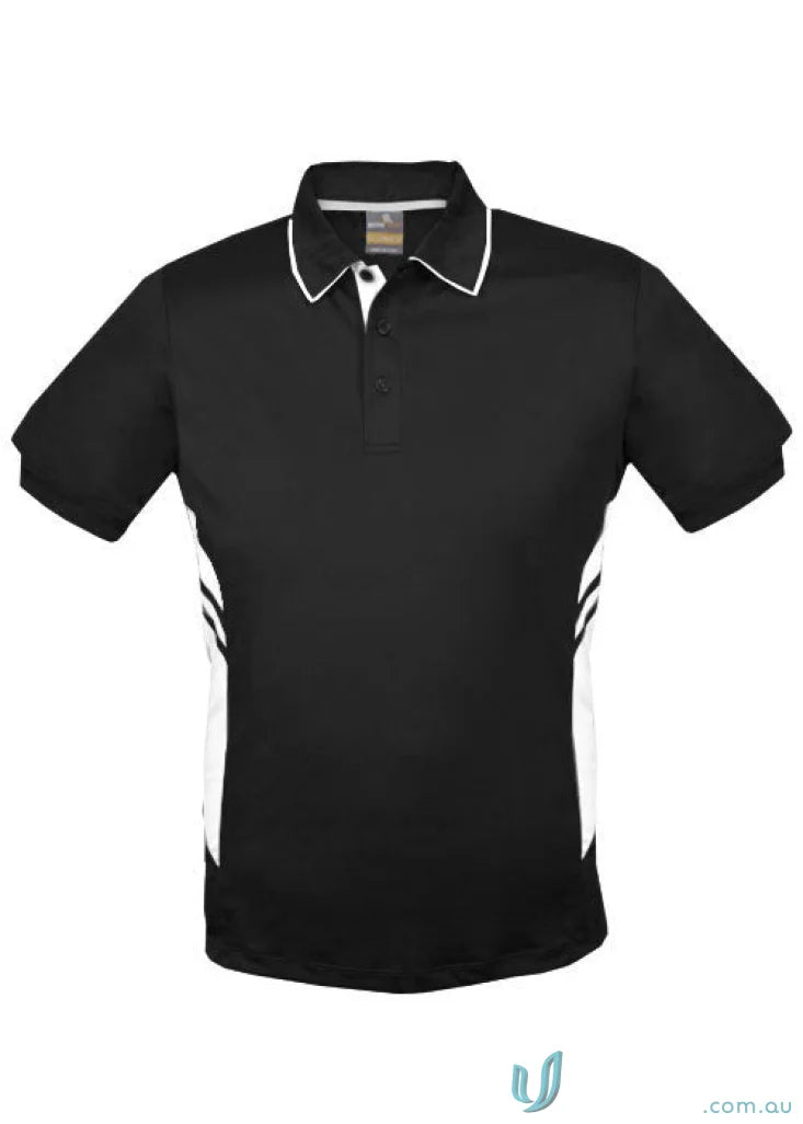Black short-sleeved Thames dark polo with white trim and textured fabric perfect for workwear uniforms