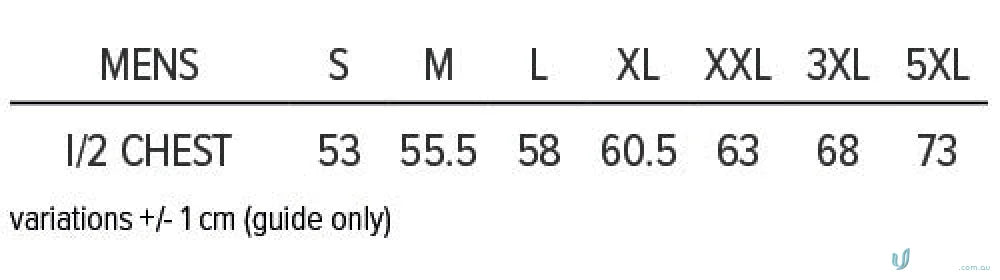Men’s size chart for thames dark polo showing chest measurements from s to 5xl ideal for work uniforms and workwear