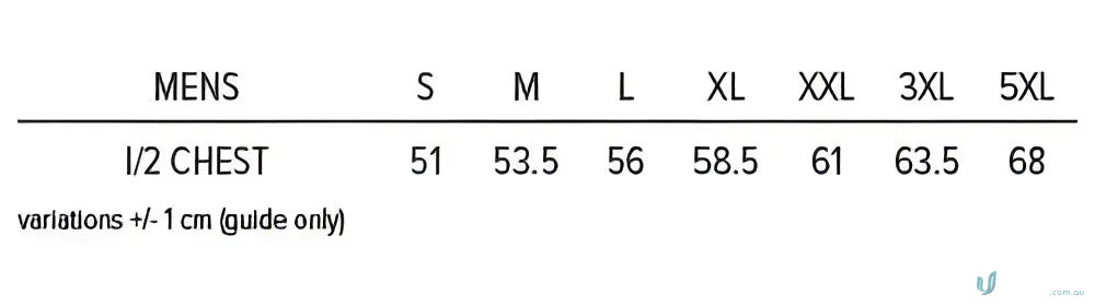 Tasman Singlet mens clothing size chart for workwear uniforms
