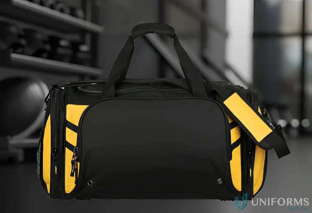 Black and yellow Tasman Sports Bag perfect for uniforms or workwear gear