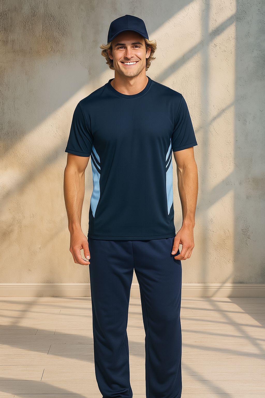 Thames Dark Tee navy athletic shirt with light blue stripes on sides