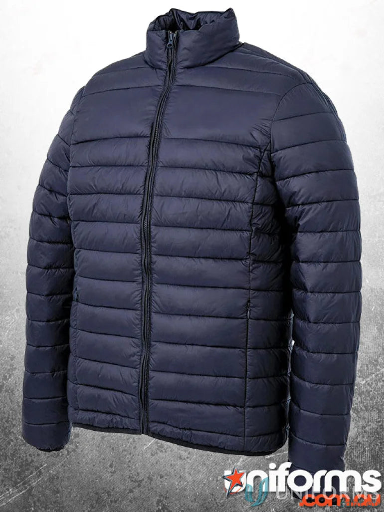 Navy blue Puffer jacket with enhanced thermal properties and internal pockets for storage