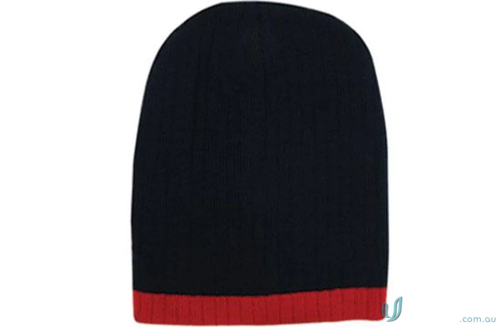 Black and red cable knit beanie on a mannequin, perfect for cold weather looks