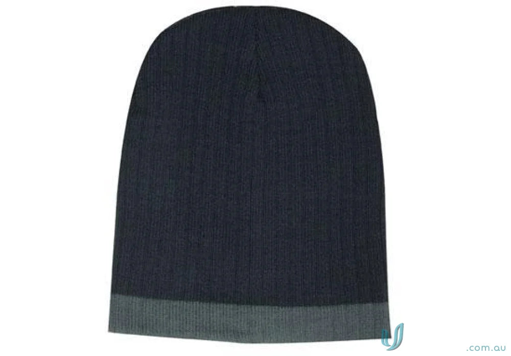 Dark blue cable knit beanie with gray brim, perfect cozy knit beanie for winter