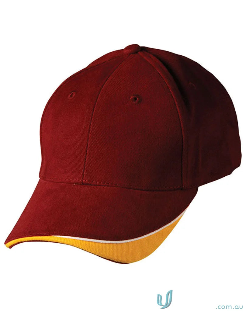 Maroon heavy brushed cotton Triple Sandwich Peak Cap with yellow trim for style and comfort