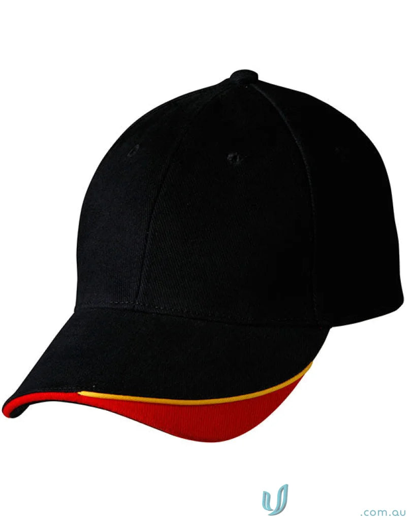 Black Triple Sandwich Peak Cap with red and yellow brim made of heavy brushed cotton