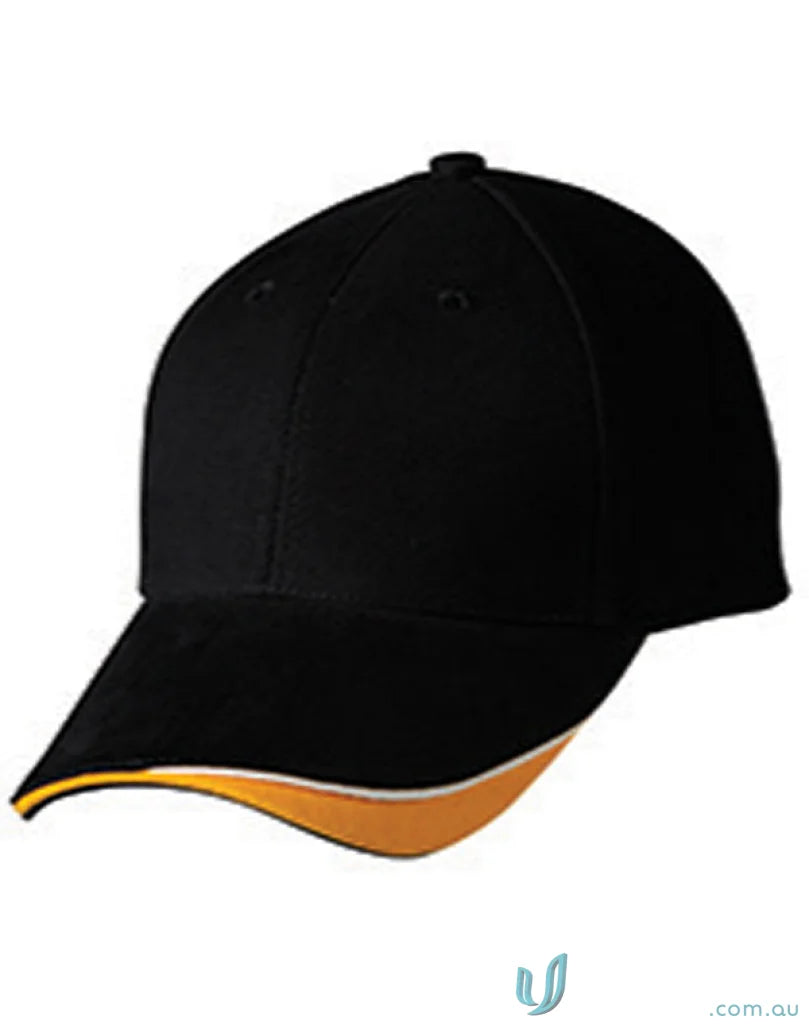 Black Triple Sandwich Peak Cap with gold trim and heavy brushed cotton feel